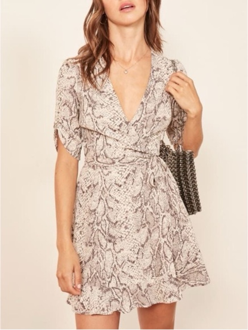 Reformation Women's Snakeskin Print Wrap Mini Dress Sz S Short Sleeve Cocktail